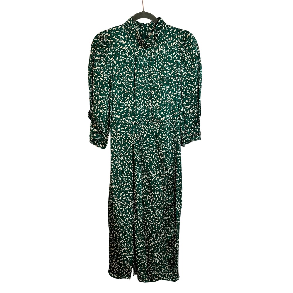 ba&sh Balloon Sleeve Printed Lady Dress Size 2 Green‎ Ivory High Neck Feminine